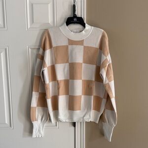 Stylish Tan and White Checkered Sweater